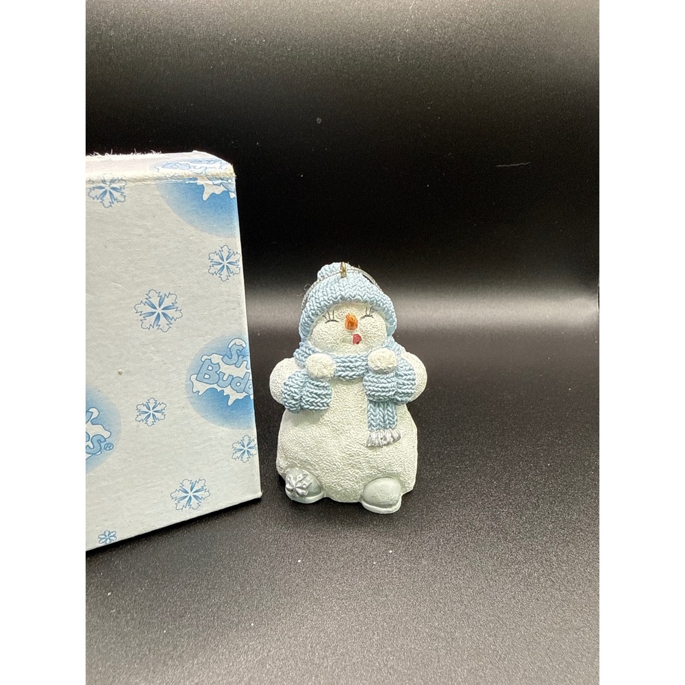 Snow Buddies Blizzy w Boxcar Ornament 94277 Blue White Snowman 2.5" 1999